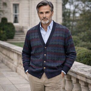 Vintage Christopher Hayes Shetland Wool Chunky Knit Argyle Cardigan Sweater XL